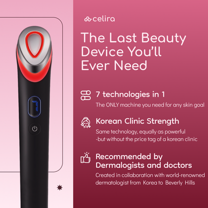 Beauty device with promotional text on a pink background, featuring the brand 'celira'. | 1